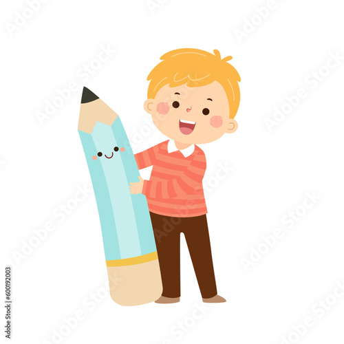 Vector cartoon little student boy with big pencil. Back to school concept