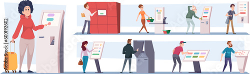 Checkout post. People using money checkout terminal exact vector self ordering kiosk illustrations