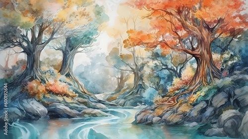 Watercolor Chromatic fantasy adventure forest, flowers, garden, river, generative ai