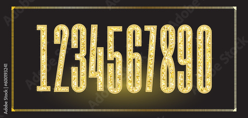 Realistic shining golden glitter numbers 1, 2, 3, 4, 5, 6, 7, 8, 9, 0. Set of isolated vector objects one, two, three, four, five, six, seven, eight, nine, zero for decoration, celebration design.