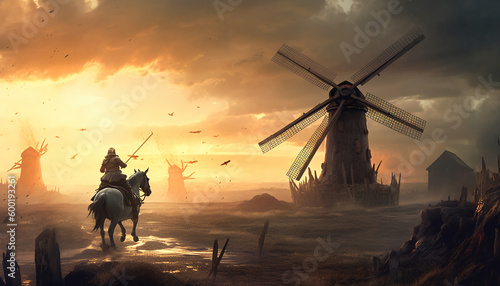 Recreation tenebrous artistic of errant knight between windmills at sunset photo