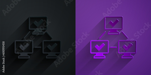 Paper cut NFT blockchain technology icon isolated on black on purple background. Non fungible token. Digital crypto art concept. Paper art style. Vector