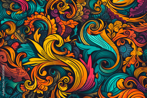 Doodle style illustration of an abstract multicolored floral background. Created with Generative AI.