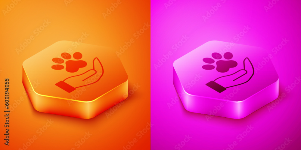 Isometric Hands with animals footprint icon isolated on orange and pink background. Pet paw in heart. Love to the animals. Hexagon button. Vector Isometric Hands with animals footprint icon isolated on orange and pink background. Pet paw in heart. Love to the animals. Hexagon button. Vector