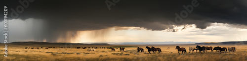 Play with the natural elements and dramatic light of this wild scene: a huge steppe, wild horses and a stormy sky. Captured in a single frame. Generative AI © XaMaps