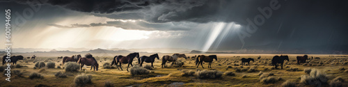 Discover this beautiful wilderness with free-roaming horses for a graphic and dramatic atmosphere under a stormy sky. Generative AI © XaMaps