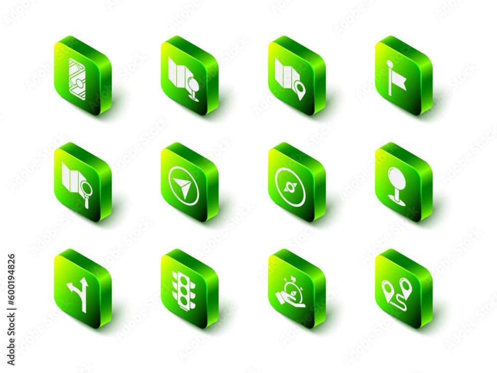 Set Folded map with push pin, location marker, Location, Push, Route, Compass, and Traffic light icon. Vector Set Folded map with push pin, location marker, Location, Push, Route, Compass, and Traffic light icon. Vector