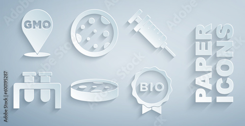 Set Petri dish with bacteria, Syringe, Test tube and flask, Label for bio healthy food, and GMO icon. Vector