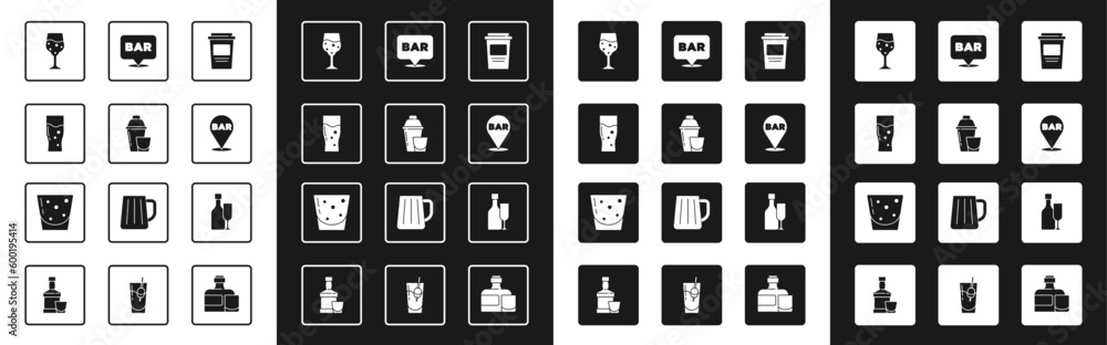 Set Coffee cup to go, Cocktail shaker, Glass beer, champagne, Alcohol bar location, Wine bottle with glass and rum icon. Vector Set Coffee cup to go, Cocktail shaker, Glass beer, champagne, Alcohol bar location, Wine bottle with glass and rum icon. Vector