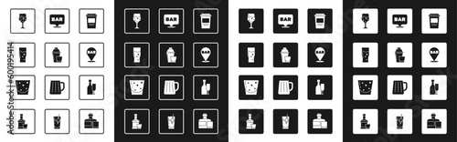 Set Coffee cup to go, Cocktail shaker, Glass beer, champagne, Alcohol bar location, Wine bottle with glass and rum icon. Vector