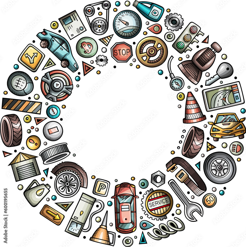 Automotive cartoon round border illustration Automotive cartoon round border illustration