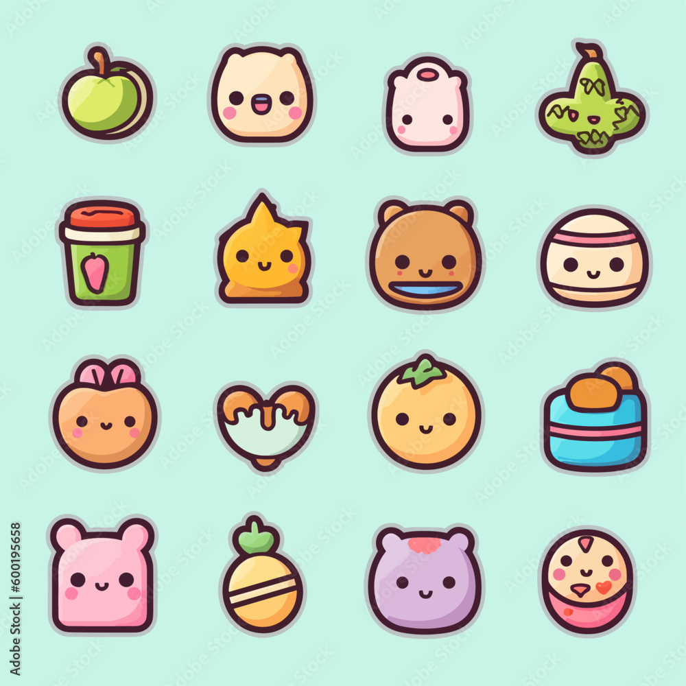 Obraz premium Cute various icons in kawaii style