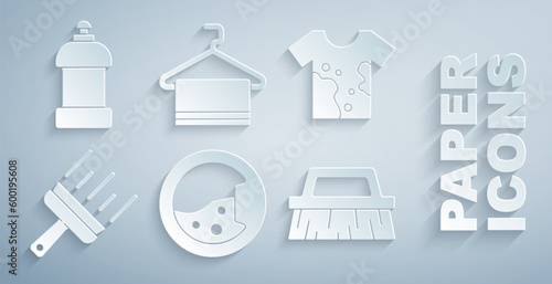 Set Washer, Dirty t-shirt, Rubber cleaner for windows, Brush cleaning, Towel on hanger and Bottle agent icon. Vector