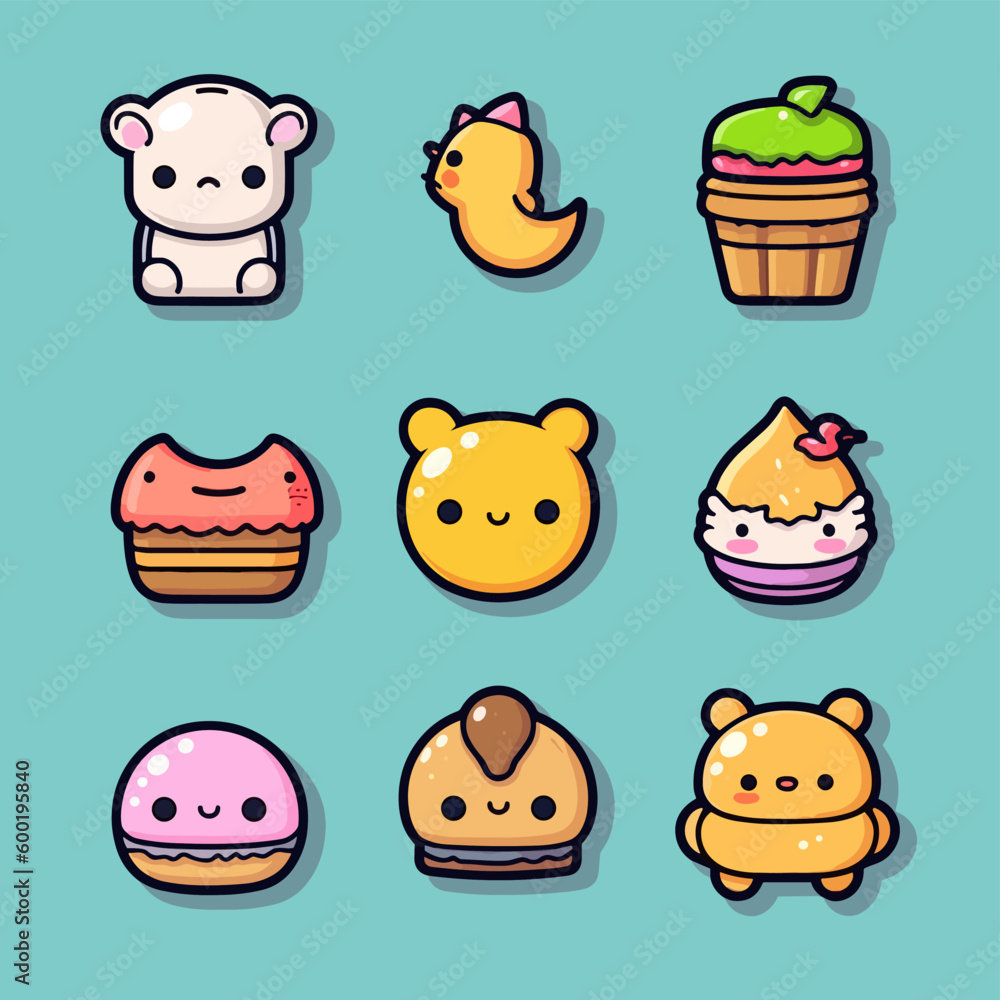 Cute various icons in kawaii style Cute various icons in kawaii style