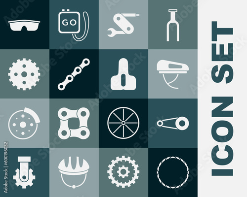 Set Bicycle wheel, chain with gear, helmet, Swiss army knife, sprocket crank, Sport cycling sunglasses and seat icon. Vector