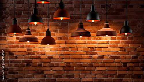 background of burning light bulbs on a brick wall background. High quality Generative AI