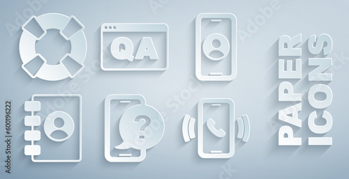 Set Telephone 24 hours support, Address book, Question and Answer and Lifebuoy icon. Vector