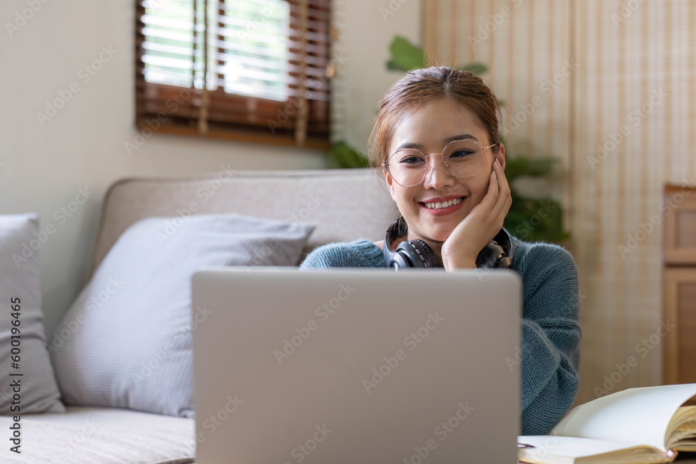 Asian girl student online learning class study online video call zoom teacher, Happy asian girl learn english language online with computer laptop.. Asian girl student online learning class study online video call zoom teacher, Happy asian girl learn english language online with computer laptop..