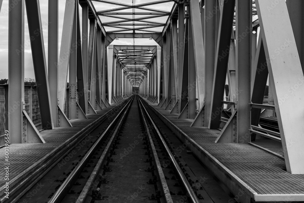 Żelazny most kolejowy nad rzeką - obrazy, fototapety, plakaty 