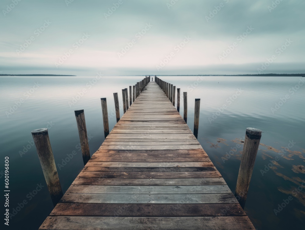 long wooden pier extending into calm water, generative ai