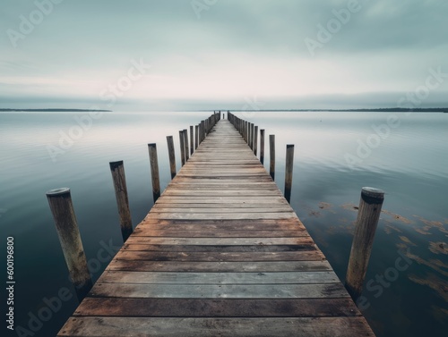 long wooden pier extending into calm water  generative ai