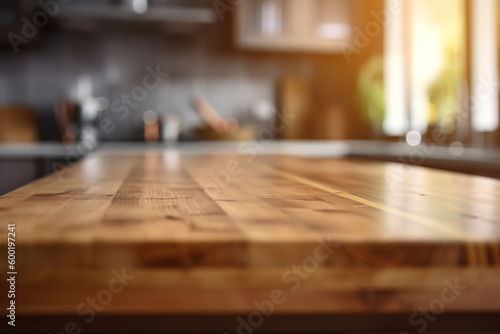 Empty rustic wood table in a beauty comfortable kitchen with blurred background, ai generative illustration