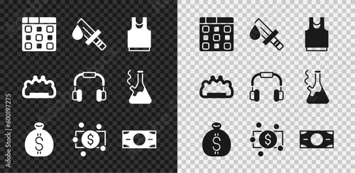 Set Drum machine music, Bloody knife, Undershirt, Money bag, Stacks paper money cash, Brass knuckles and Headphones icon. Vector