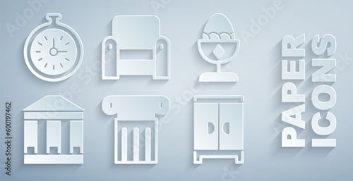 Set Ancient column, Chicken egg on a stand, Museum building, Wardrobe, Armchair and Pocket watch icon. Vector
