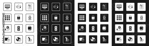 Set Document and lock, Cyber security, NFT blockchain technology, Binary code, Ethereum exchange, Cryptocurrency wallet and Digital crypto art icon. Vector