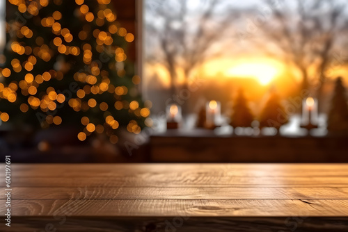 Empty rustic wood table in a christmas outdoor with blurred background, ai generative illustration