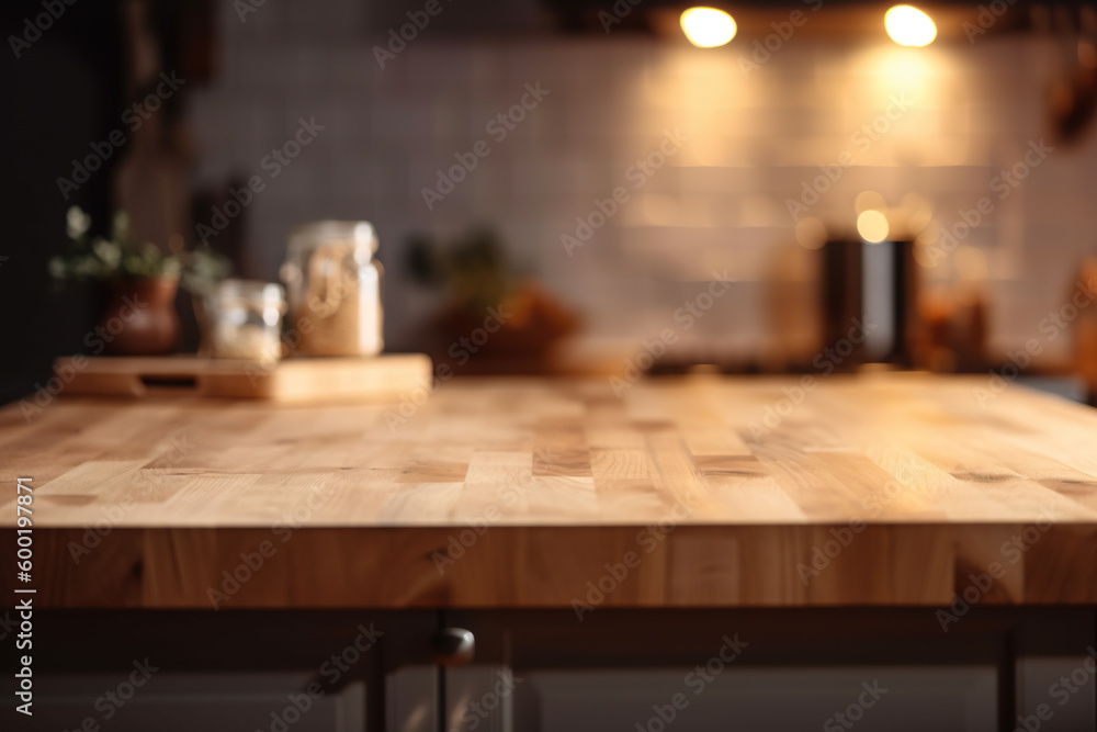 Empty rustic wood table in a comfortable kitchen with blurred background, ai generative illustration