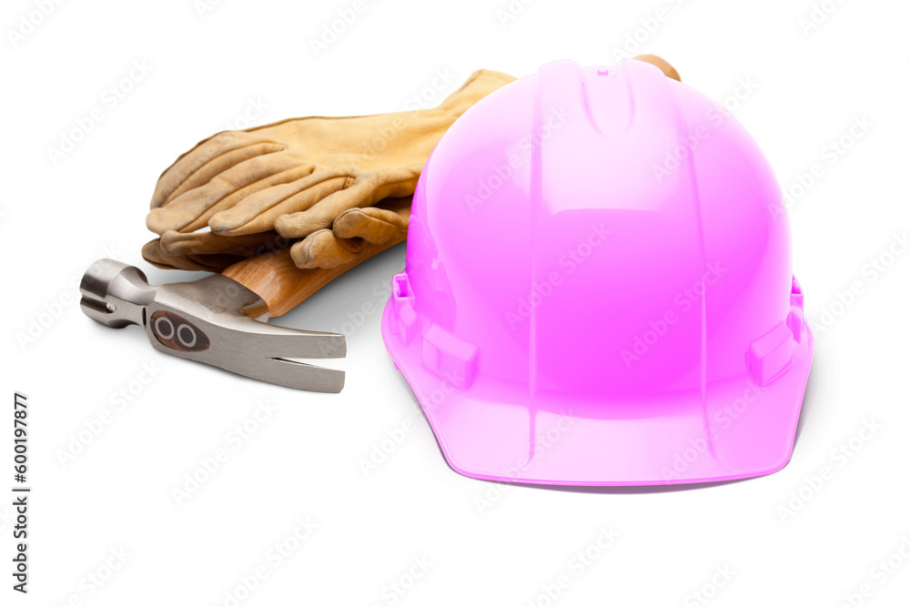 Fototapeta premium Pink Safety Construction Hard Hat, Hammer and Leather Gloves Isolated - Transparent PNG.