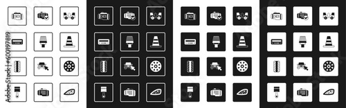 Set Car accident, air filter, audio, Check engine, Traffic cone, Alloy wheel for car and tire icon. Vector