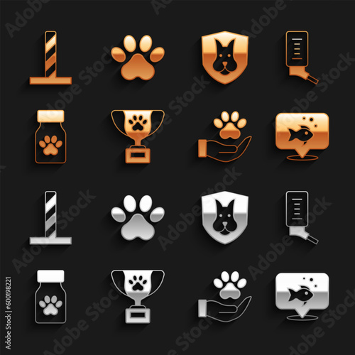 Set Pet award symbol, Drinker for small pets, Fish, Hands with animals footprint, Medicine bottle pills, Animal health insurance, Cat scratching post toy and Paw icon. Vector
