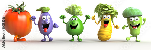 Cartoon characters in the form of vegetables with eyes, arms and legs to bring healthy food to life. Happy, funny and fun mascot to sell vegetables. Generative AI photo