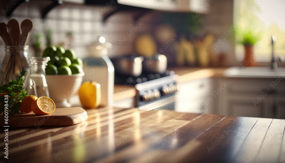 Empty rustic wood table in a kitchen, blurred background, ai generative illustration Empty rustic wood table in a kitchen, blurred background, ai generative illustration