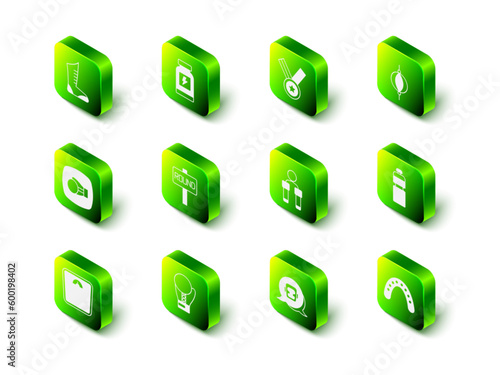 Set Energy drink, Medal, Punching bag, Fitness shaker, Mouth guard boxer, Jump rope, Boxing helmet and glove icon. Vector