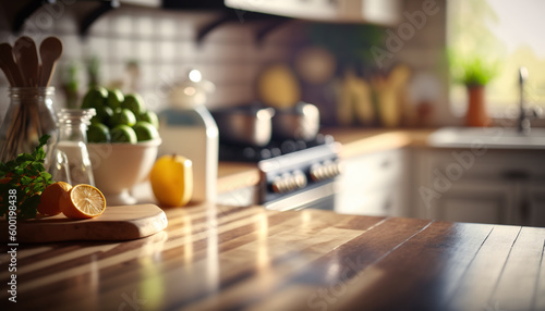 Empty rustic wood table in a kitchen, blurred background, ai generative illustration