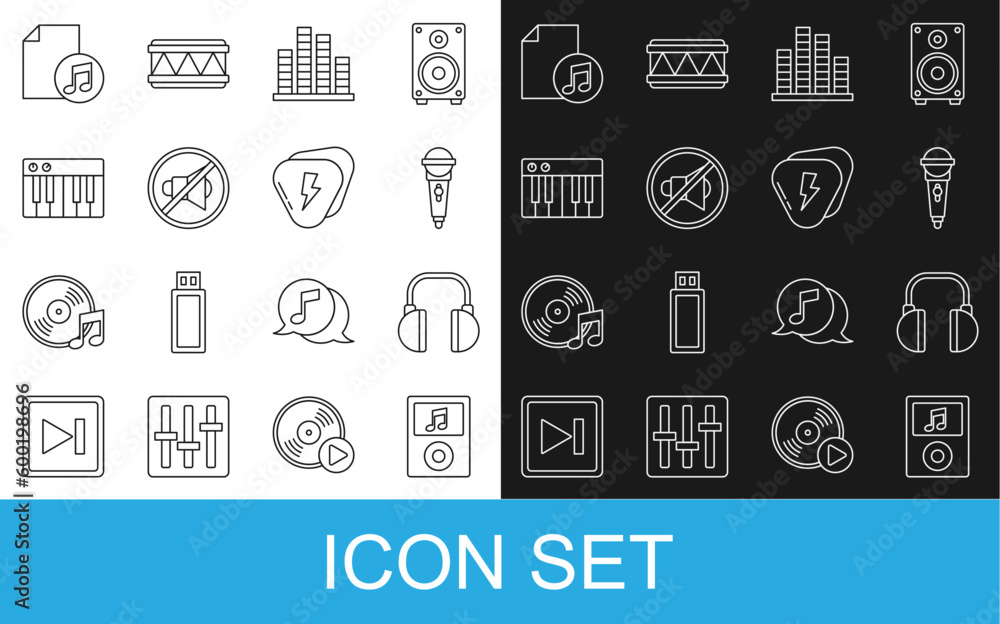 Set line Music player, Headphones, Microphone, equalizer, Speaker mute, synthesizer, book with note and Guitar pick icon. Vector