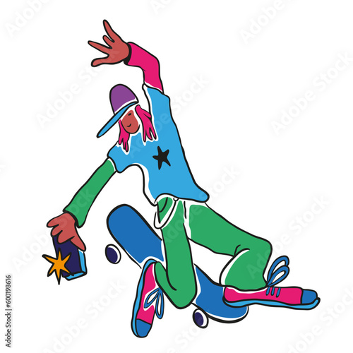 teenager on longboard in vector.man with long hair wearing cap in flat style for design.isolated skater doing trick.youth culture.Vector series of personal illustrations