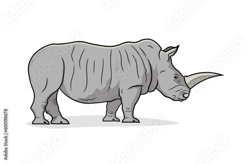 Side view of Standing Rhinoceros Isolated on White Background. Cartoon style. Educational Zoology Illustration. Coloring Book Picture.