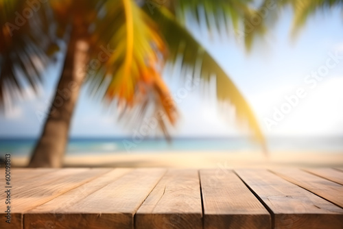 Empty rustic wood table in a tropical beach, palms and blurred background, ai generative illustration