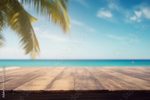 Empty rustic wood table in a tropical beach with palms and blurred background, ai generative illustration