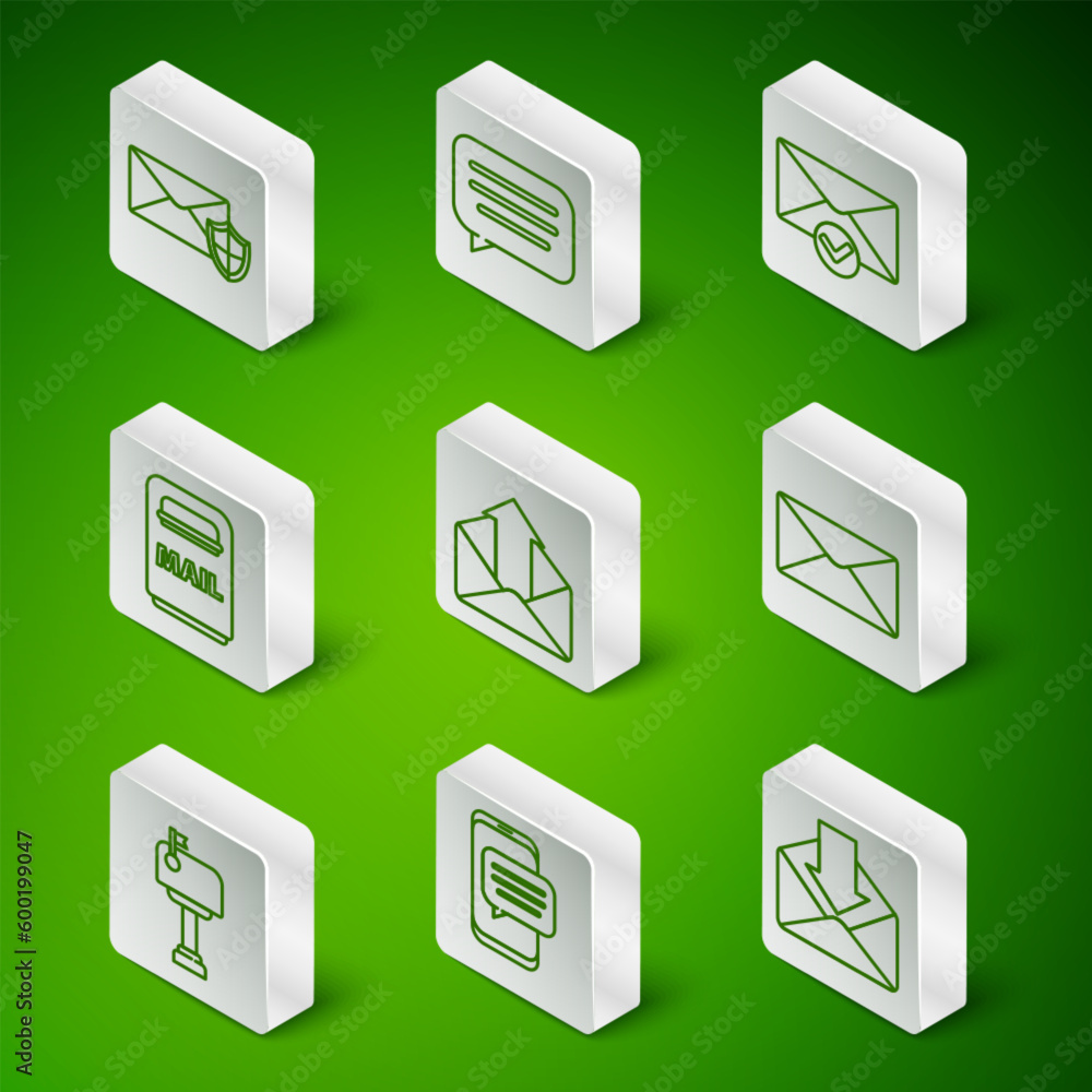 Set line Envelope, Chat messages notification on phone, with shield, Outgoing mail, Mail box, Speech bubble chat, and icon. Vector Set line Envelope, Chat messages notification on phone, with shield, Outgoing mail, Mail box, Speech bubble chat, and icon. Vector