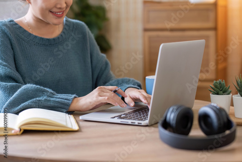 Asian girl student online learning class study online video call zoom teacher, Happy asian girl learn english language online with computer laptop..