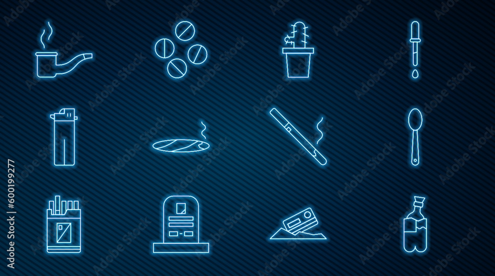 Set line Bong for smoking marijuana, Heroin spoon, Cactus peyote pot, Cigar with smoke, Lighter, Smoking pipe, Cigarette and Medicine pill tablet icon. Vector Set line Bong for smoking marijuana, Heroin spoon, Cactus peyote pot, Cigar with smoke, Lighter, Smoking pipe, Cigarette and Medicine pill tablet icon. Vector