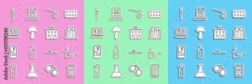 Set line Medicine bottle and pills, Smoking pipe, Test tube flask, Heroin spoon, Psilocybin mushroom, Buying drugs online laptop, Pipette and Medical hospital building icon. Vector