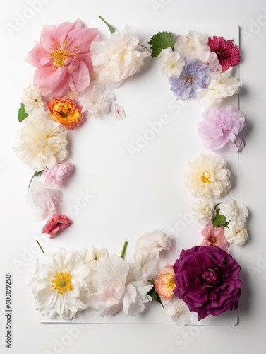 Vertical top view blank card with flowers Abstract organic flowers Blooming floral on white background for invitation card © Wanda