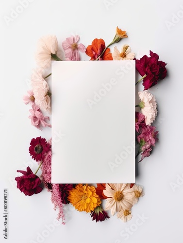 Vertical top view blank card with flowers Abstract organic flowers Blooming floral on white background for invitation card