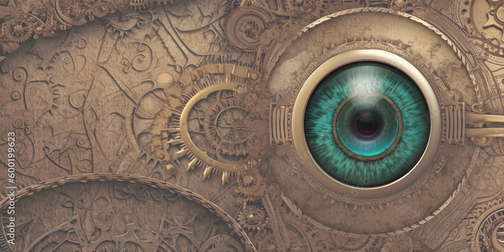 Steampunk background for presentation one of four Brass and gears with different focal points eye iris, room for copy - generative AI 